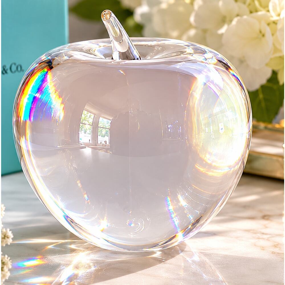 Tiffany & Co Crystal Apple Paperweight Sculpture Signed 3.5" Desk Decor